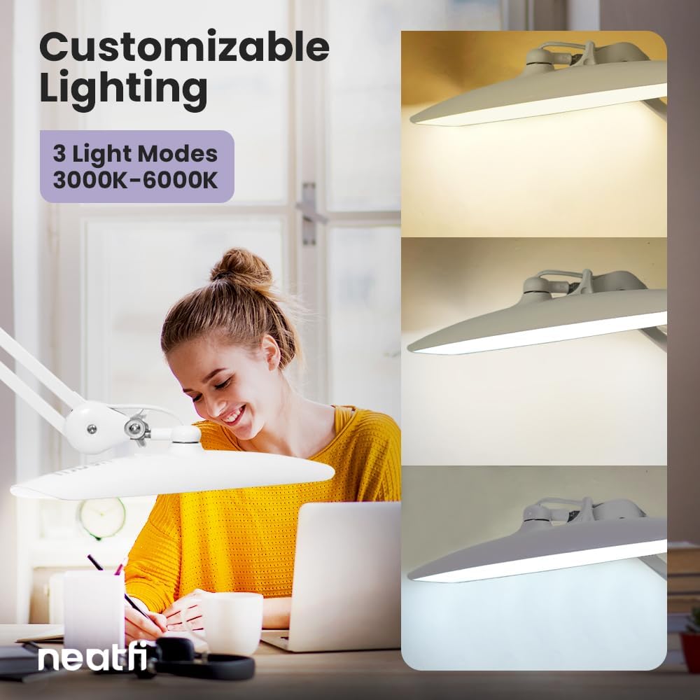 Neatfi XL 2200 Lumens 20W LED Desk Lamp with Clamp – Adjustable Color Temperature | 4-Level Dimmable Light | Home Office, Crafts & Workbench | 20-Inch Wide Head (White, CCT with Clamp)