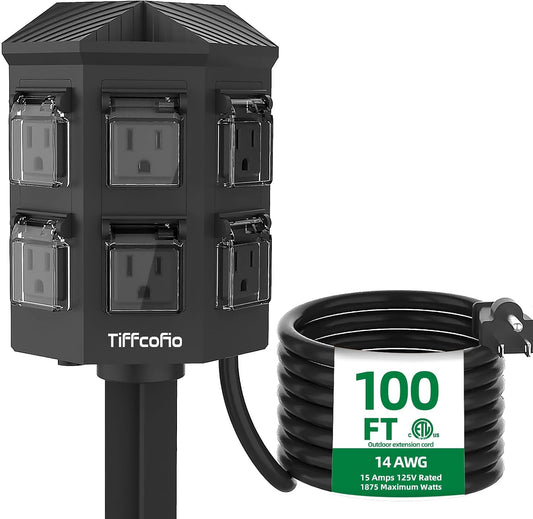 Outdoor Power Strip Weatherproof, 100 FT Extension Cord with Power Stake, 6 Grounded Outlets for Outdoor Lights, 15A/1875W, ETL Listed
