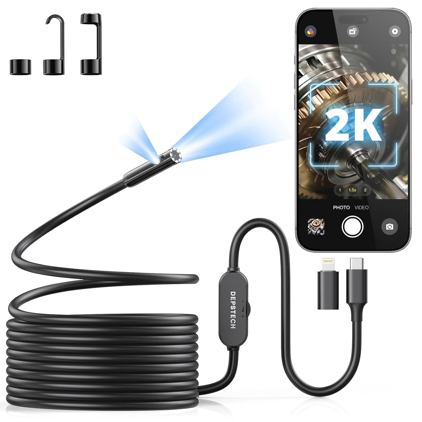 DEPSTECH 2K Endoscope Camera with Light, Dual Lens 2560P Phone Borescope | Inspection Scope for iPhone Android, Semi-Rigid Snake Cable, 9LEDs, IP67 Waterproof, for Automotive, HVAC, Plumbing, Mechanic