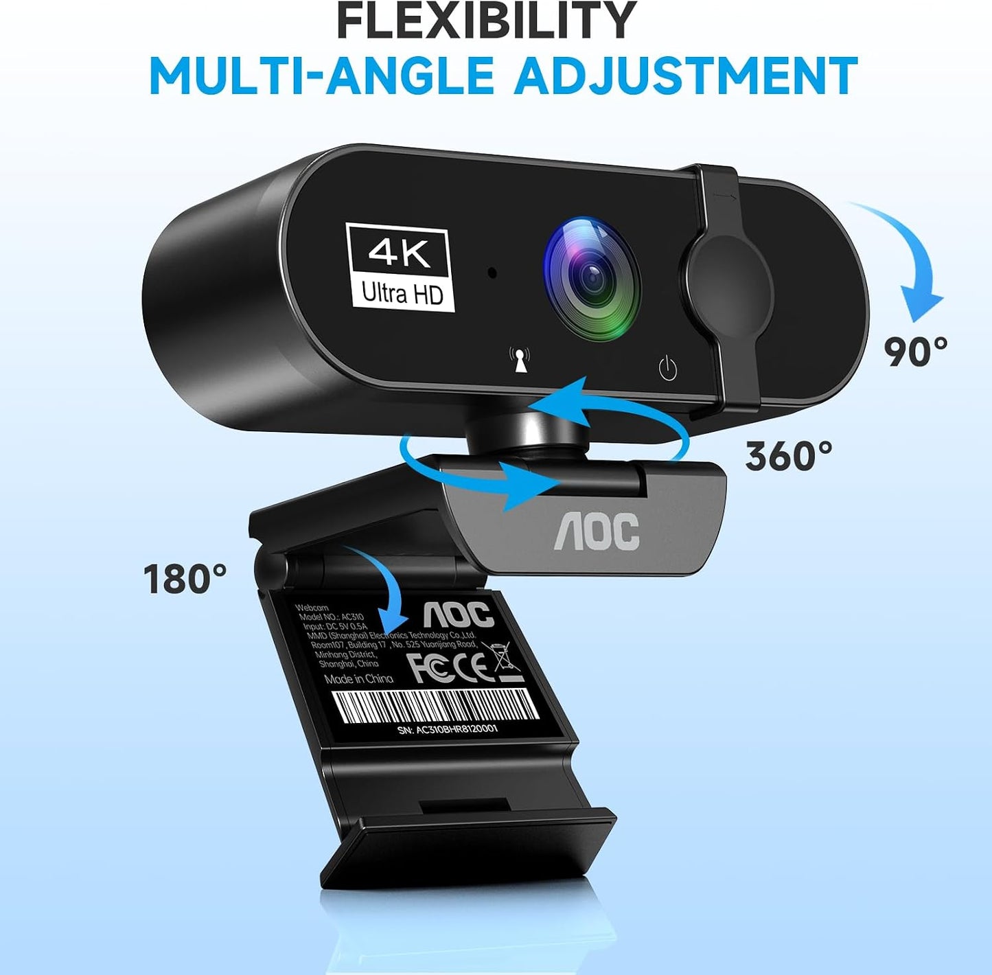 AOC 4K Webcam for PC, Streaming Computer Camera with Noise-Canceling Mic | 90° FOV, Privacy Cover, Plug & Play, Zoom/Skype/FaceTime Compatible, Works with Mac/Laptop/Switch 2, USB C-A Adapter Included