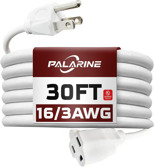 30 Ft White Outdoor Extension Cord, 16 Gauge Heavy Duty Power Cord