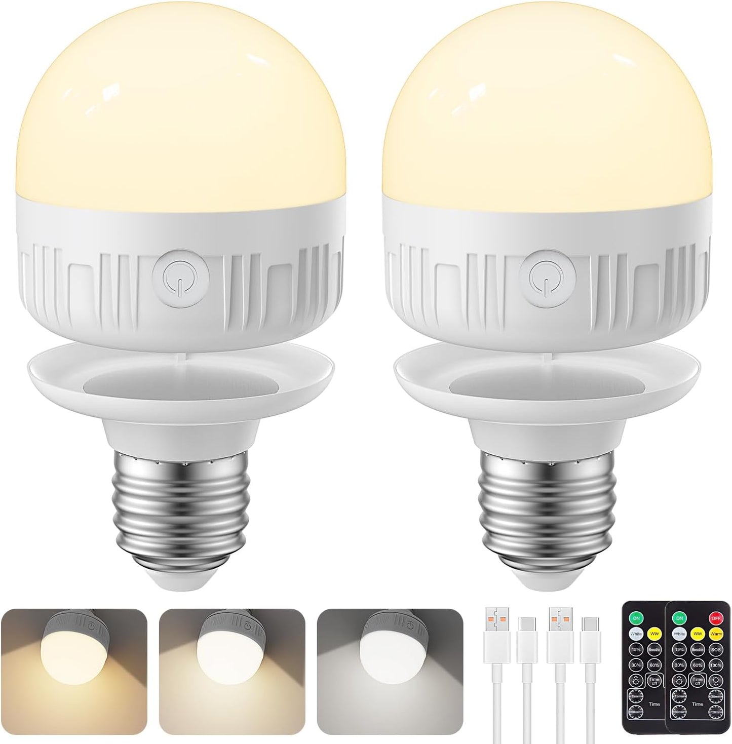 SCOPOW 2Packs E26 Rechargeable Light Bulbs with Remote Control, 5W 350lm Magnetically Battery Operated Light Bulbs 2000mAh, 3 Color Temperature, Timer, Dimmer for Non-Hardwired Lamp