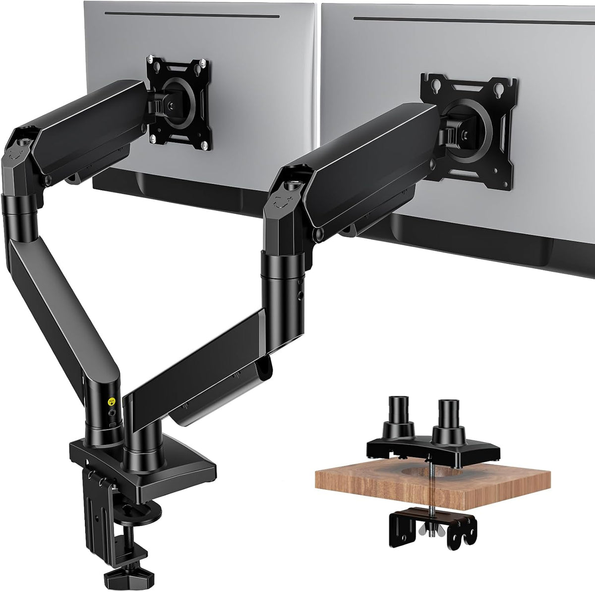 Dual Monitor Stand Adjustable Monitor Desk Mount for 17″–32″ Computer Screens, Full Motion VESA Pattern 75x75/100x100 with C-Clamp & Grommet Aluminum Base, Each Arm Holds 4.4 to 20 lbs HD09B-201