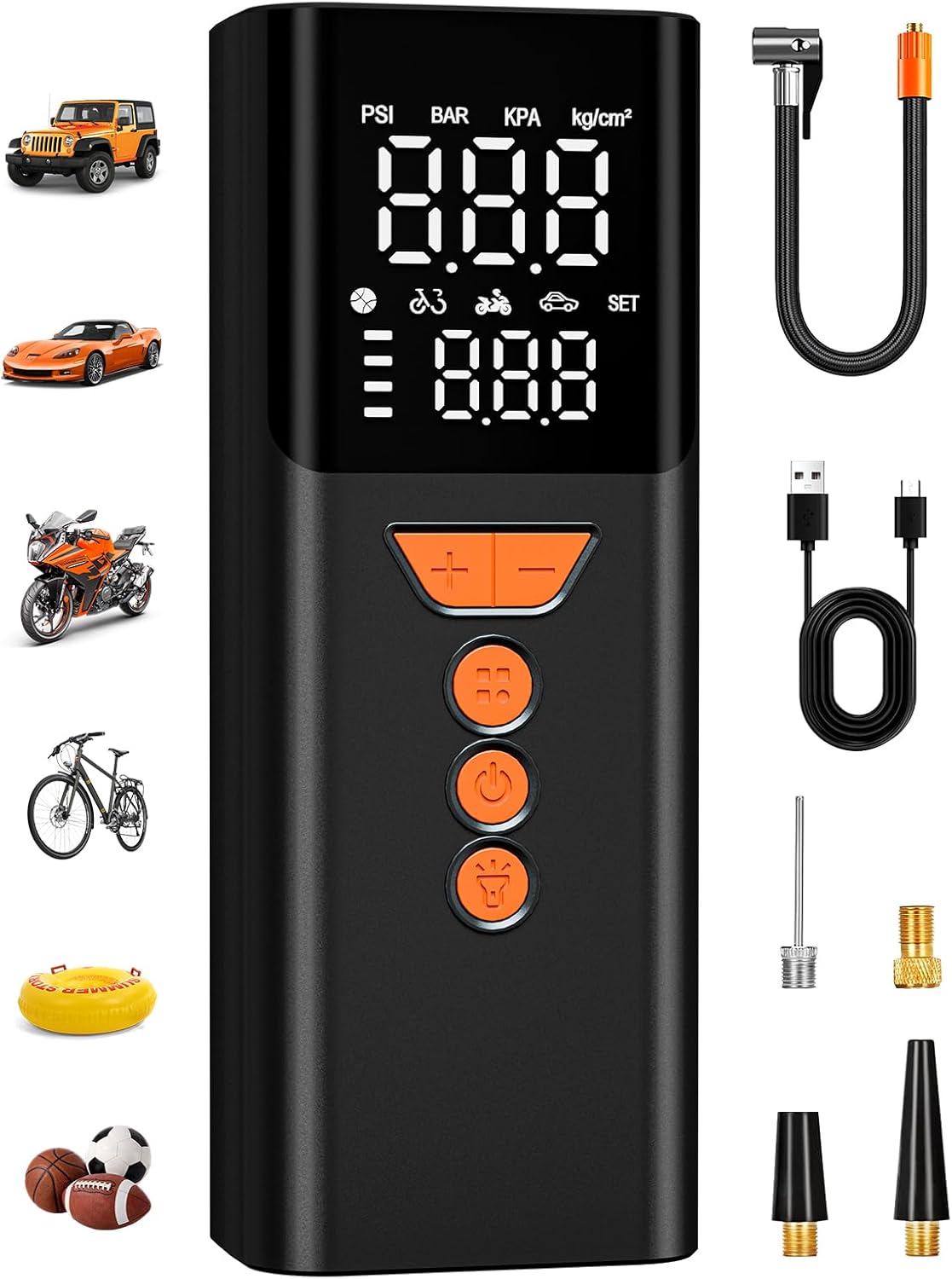 Tire Inflator Portable Air Compressor,Bike Pump with Memory Function | 150PSI, Auto Shut-off, Portable, Standard Capacity, LED Light, Cordless Air Pump for Car Tires, Motorcycles, Bikes, Balls