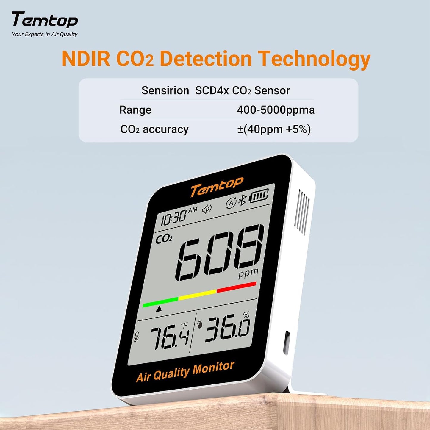 Temtop C1+ CO2 Monitor, Indoor Air Quality Monitor with BLE App | Portable CO2 Meter, CO2 Temperature Humidity Detector, Real-Time Data Sync for Home, Office, School, Baby Room