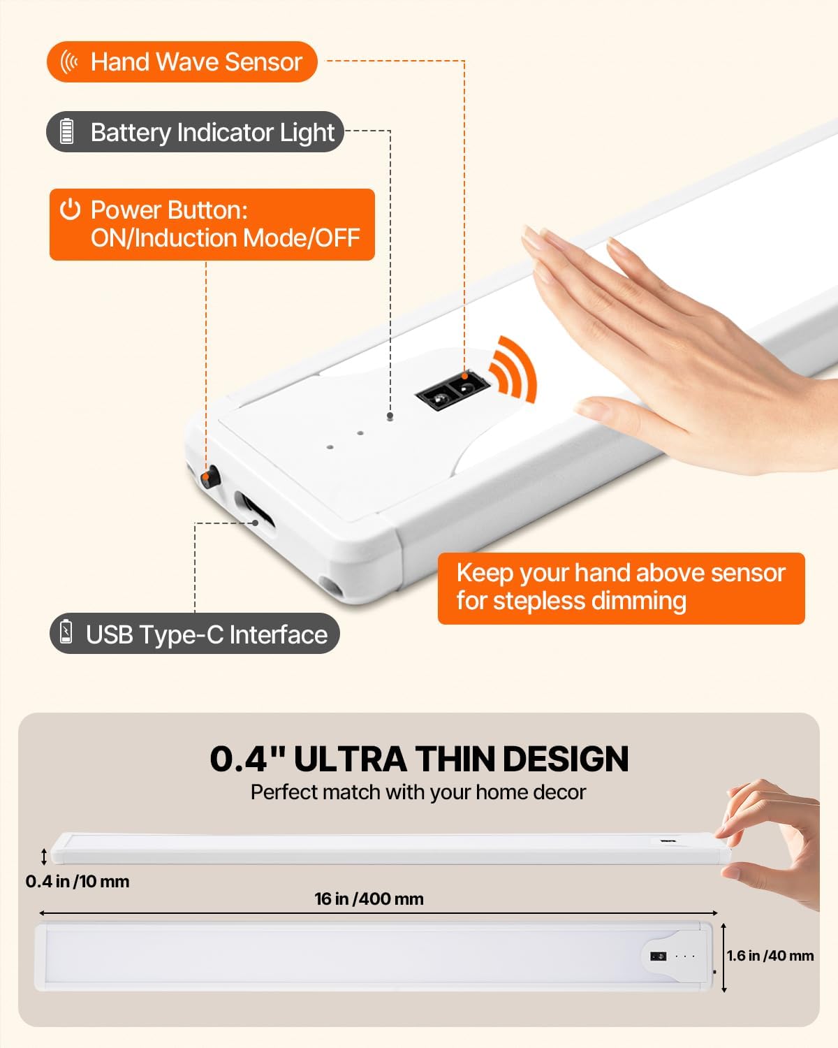 16 Inch Under Cabinet Light, Hand Wave Sensor 83 LED Indoor Cabinet Lighting, USB Rechargeable Cordless Closet Light, Stepless Dimming Under Counter Light for Kitchen, Shelves, Bedroom, 2 Pack
