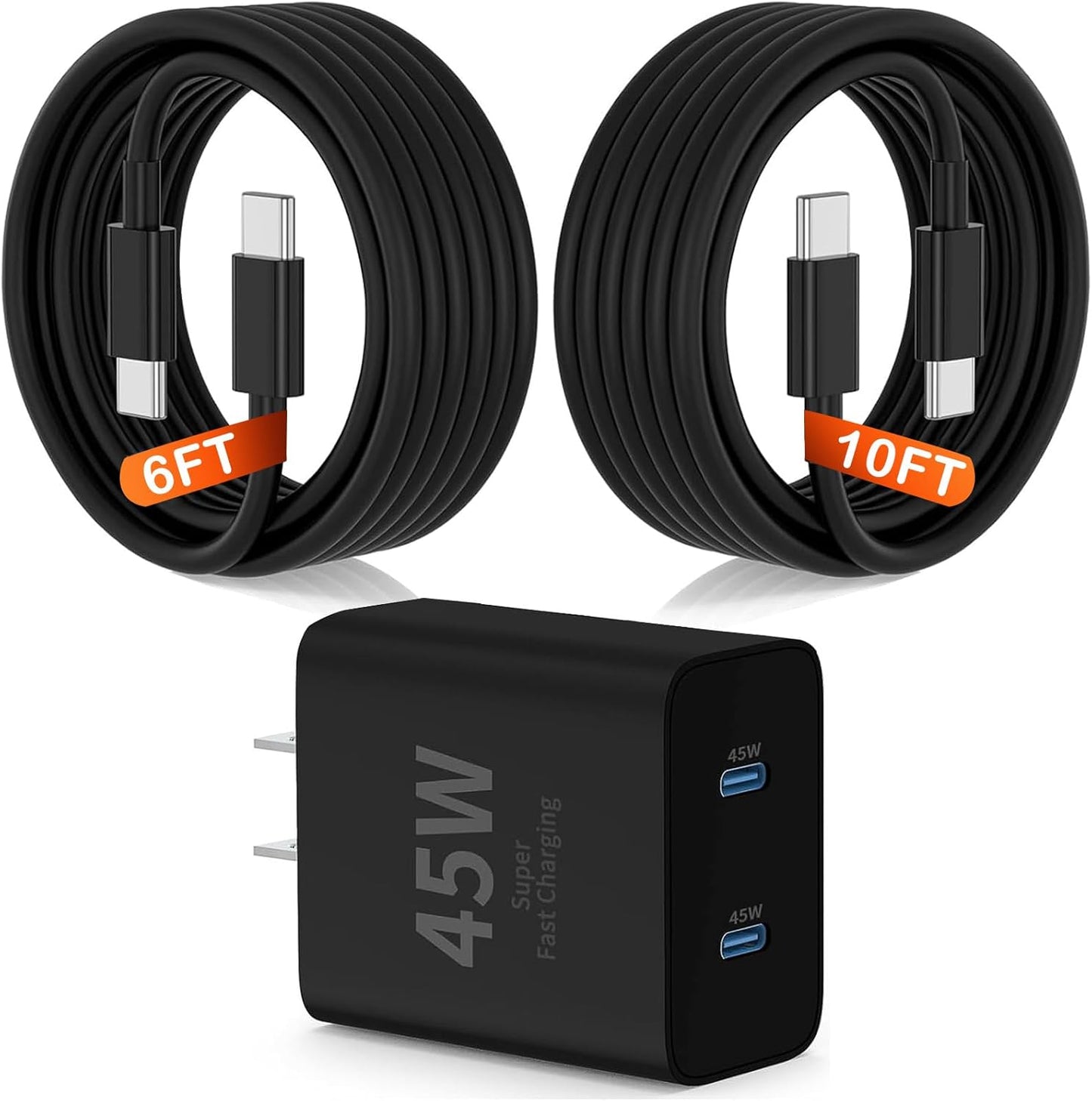 45W Dual Type C Charger Fast Charging for Samsung,PD 3.0 GaN Super Fast Android Phone Charger Block with Long USB C Cable 10FT/6FT for Galaxy S25/S25 Ultra/S25+/S24+/S23/S22/for iPhone 17/16/15 Series