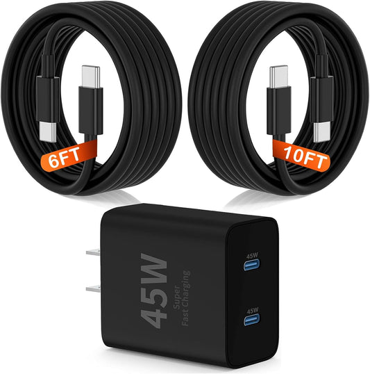 45W Dual Type C Charger Fast Charging for Samsung,PD 3.0 GaN Super Fast Android Phone Charger Block with Long USB C Cable 10FT/6FT for Galaxy S25/S25 Ultra/S25+/S24+/S23/S22/for iPhone 17/16/15 Series