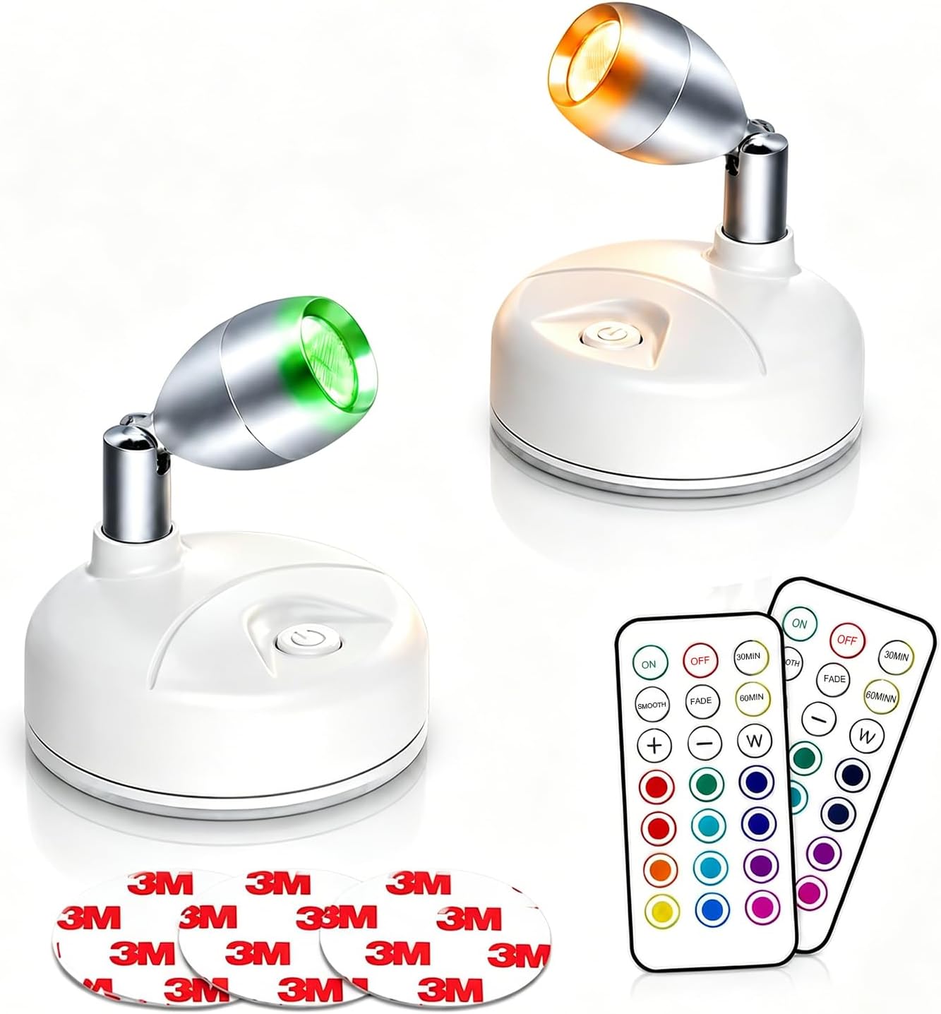 Spot Lights Indoor Battery Operated Uplights with Remote, RGBW 13 Color Wireless LED Spotlights Mini Stick On Wall Accent Lights Rotatable Head with Dimmer & Timer for Artwork Painting Closet