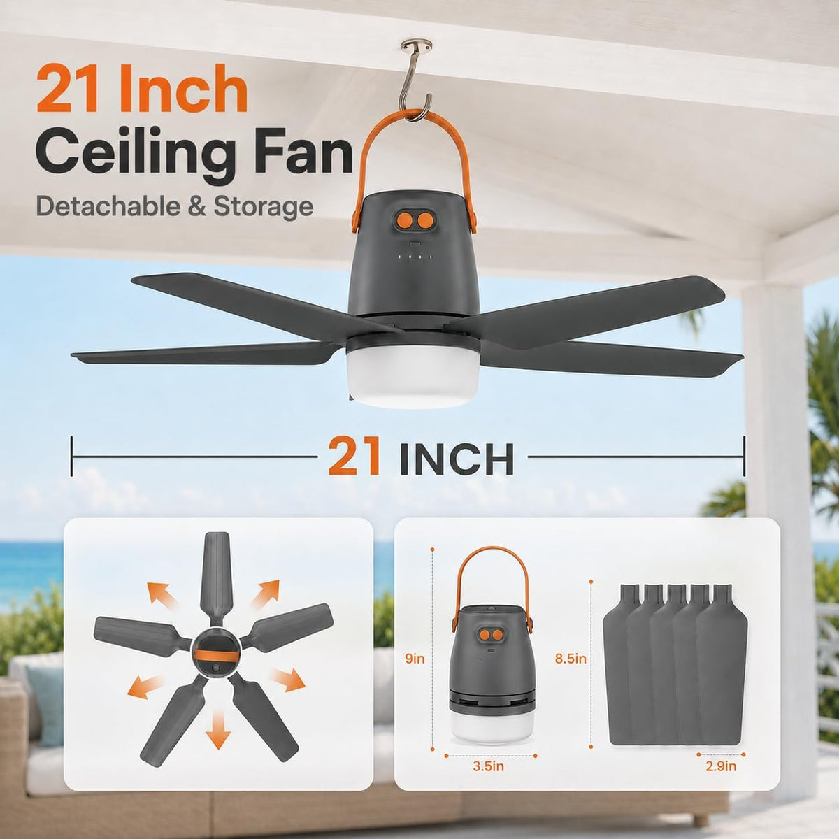 21" Portable Ceiling Fan with Light & Remote,20400mAh Battery Operated Outdoor Ceiling Gazebo Fan for Patios/Canopy/Cruise,Rechargeable Battery Powered Fan,Hangable Camping Light Fan,Camping Essential