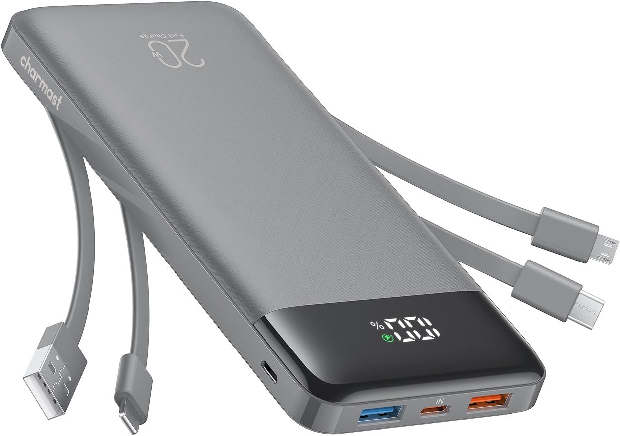 charmast Portable Charger Built-in Cables, 20000mAh Power Bank 6-Output | Travel Fast Charging Battery Pack for iPhone 17/16/15 Samsung Android, Flight-Approved, Multi-Device, USB-C & USB-A, LED %