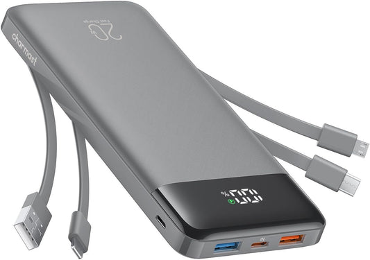 charmast Portable Charger Built-in Cables, 20000mAh Power Bank 6-Output | Travel Fast Charging Battery Pack for iPhone 17/16/15 Samsung Android, Flight-Approved, Multi-Device, USB-C & USB-A, LED %