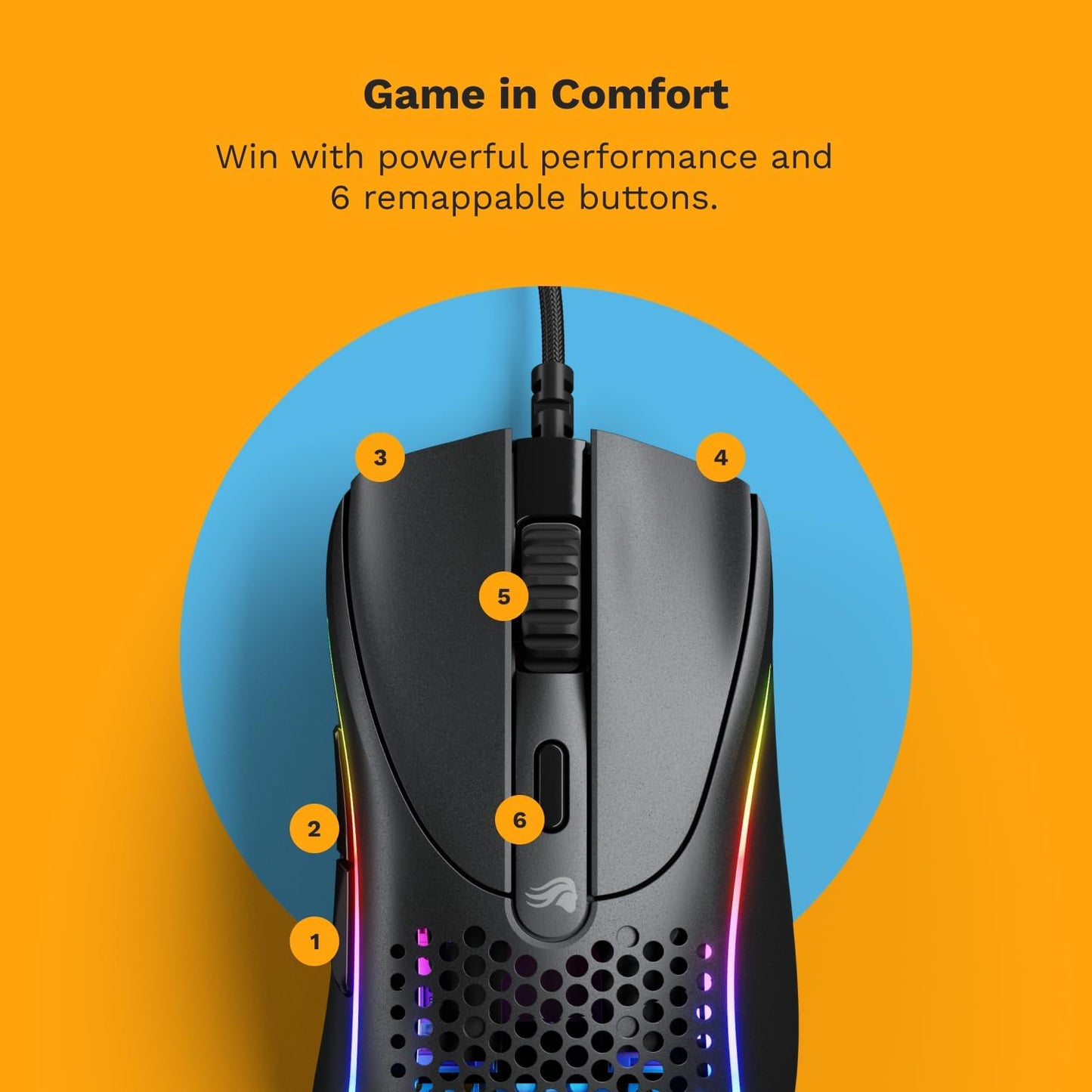 Glorious Gaming - Superlight Wired PC Gaming Mouse with Honeycomb Shell, 6 Programmable Buttons, RGB Lighting & PTFE Skates - Model D 2, Matte Black