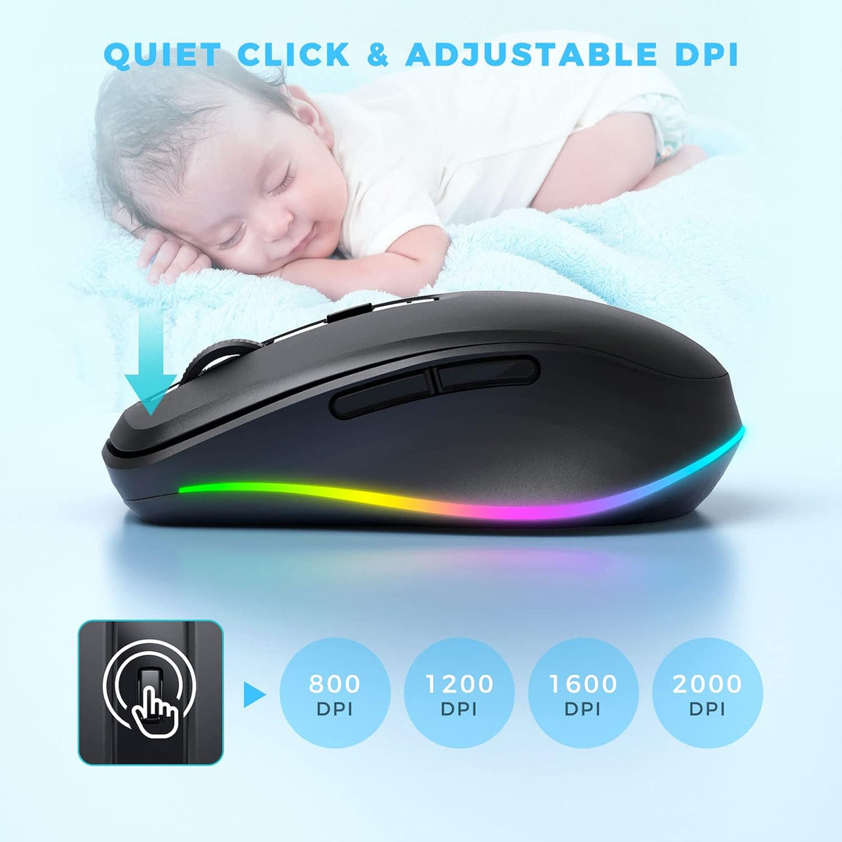 PEIOUS Wireless Mouse Jiggler, LED Mouse with Built-in Mouse Mover, Black | Rechargeable, Silent Clicks, Adjustable DPI and Random Movement Keep Computers Awake for Work-Life Balance on Laptop/PC/Mac