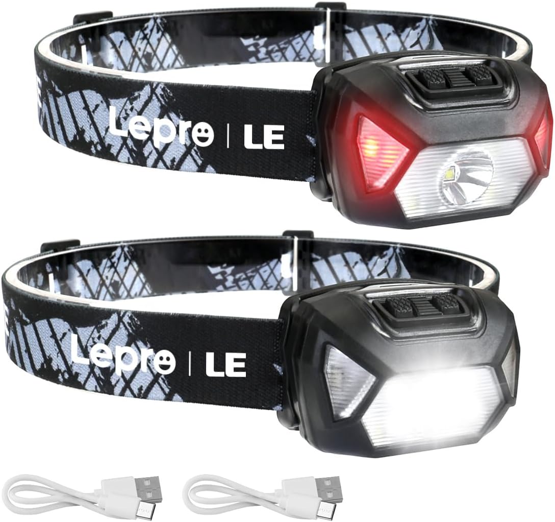 Lepro Rechargeable LED Headlamp Bright Waterproof Headlight 2 Pack - Black | USB Cable Included,Super bright,Spotlight & Floodlight,Red light,Lightweight,Adjustable Headband,Camping,Hiking,Running