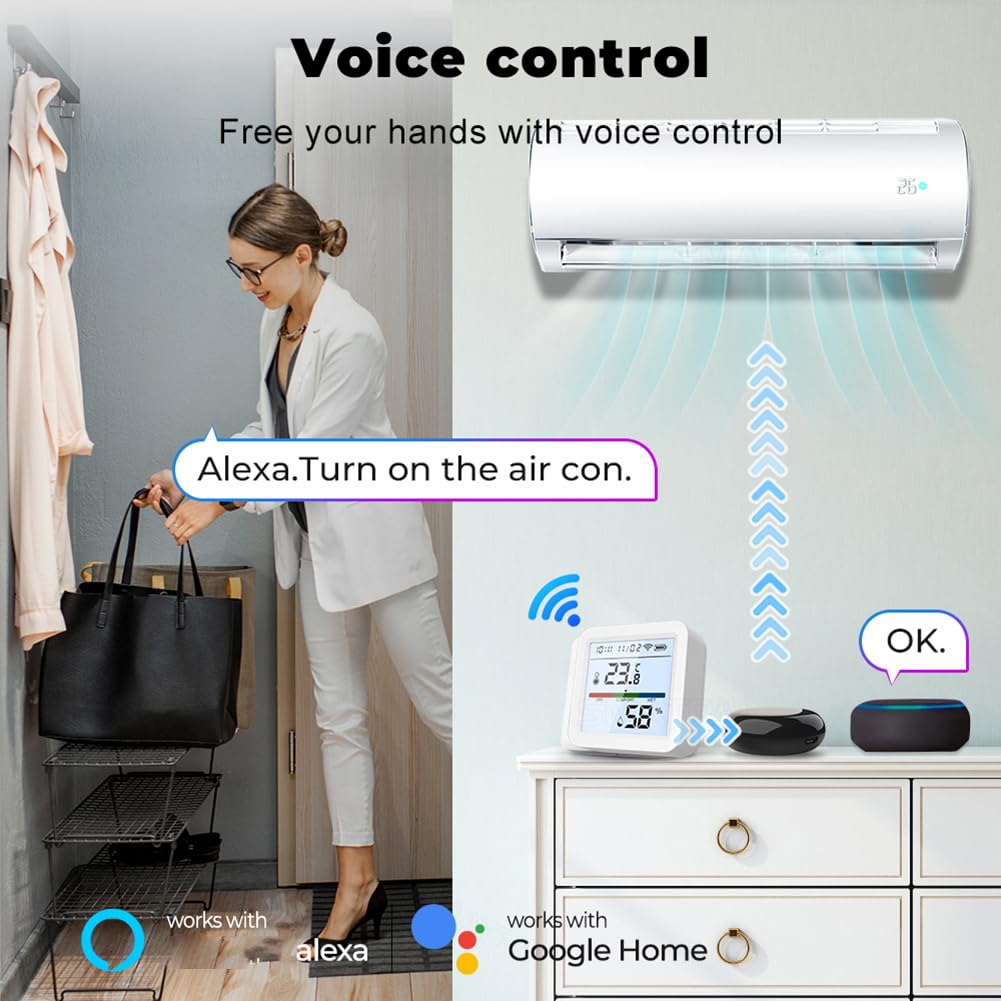WiFi Hygrometer Thermometer, Indoor Tuya Wireless Smart Temperature and Humidity Sensor Backlight LCD Screen Thermometer Monitor with App Control, Compatible with Alexa, Google Home (White)