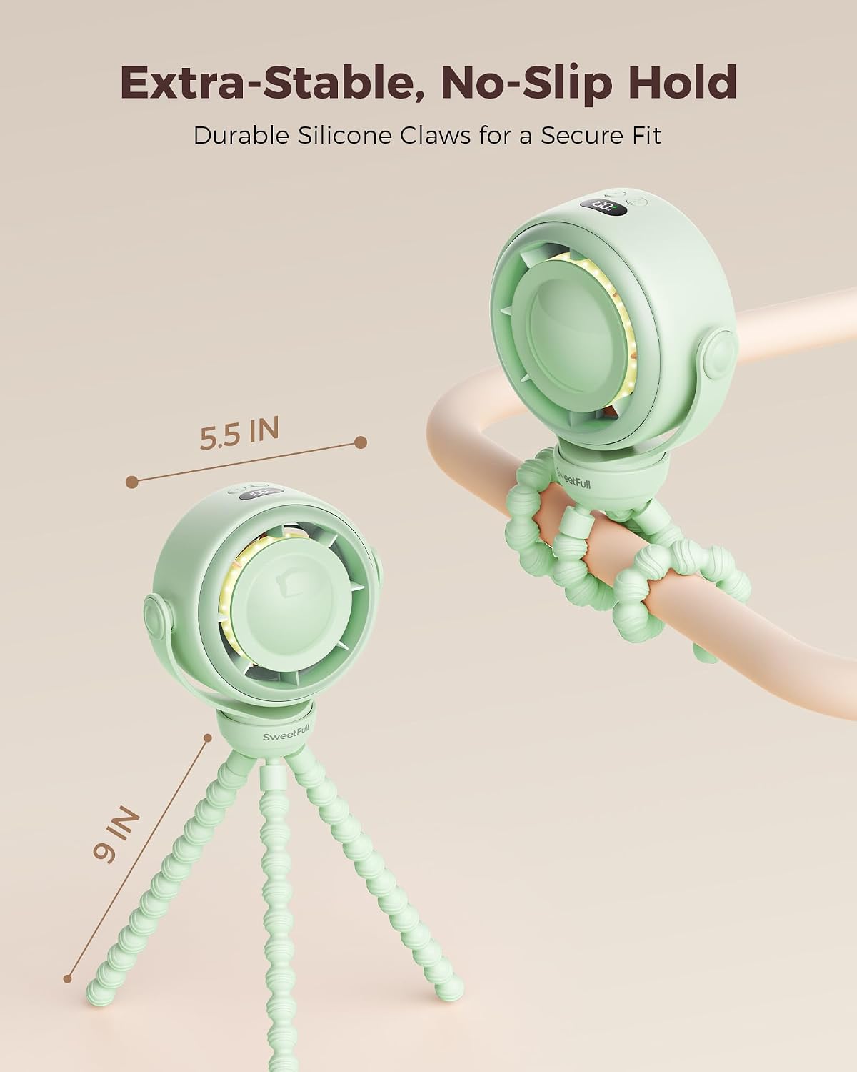 SWEETFULL Baby Stroller Fan, Safe Portable Fan, 15H Use, Nightlight - Green | Pinch-Proof Design; 4000mAh Rechargeable; Stable Mini Clip On Fan; 360° Adjustable; 4-Speed Quiet; LED Display; Car Seat Crib