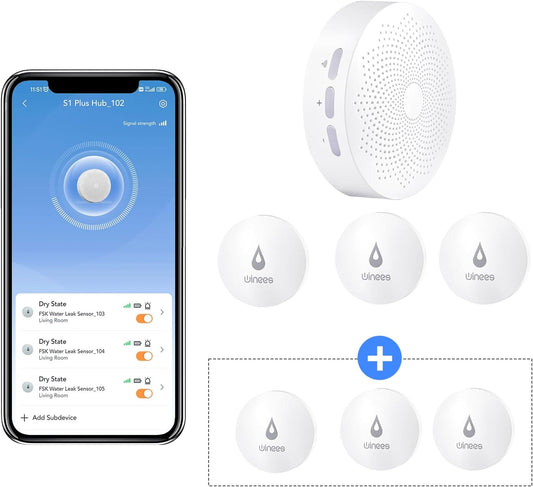 Winees WiFi Water Leak Detector, 3 + 3 Pack Water Sensors with 100dB Adjustable Alarm, Leak Alert Email&SMS Notification, 100M Transmission for Basement, Bathroom, Laundry, IFTTT, 2.4G WiFi Only