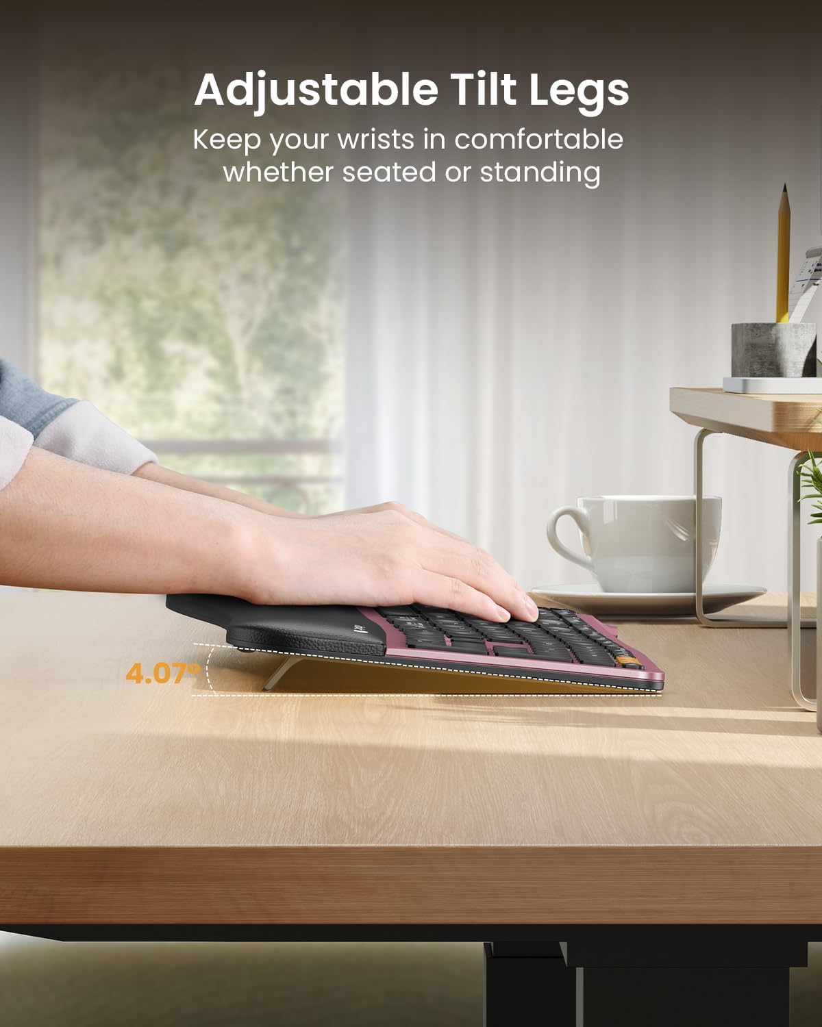 ProtoArc EK01 Plus Backlit Bluetooth Ergonomic Keyboard, Full Size, Red | Adjustable brightness, split design, cushioned wrist rest, connect 3 devices via Bluetooth/2.4G, 2000mAh USB-C rechargeable.