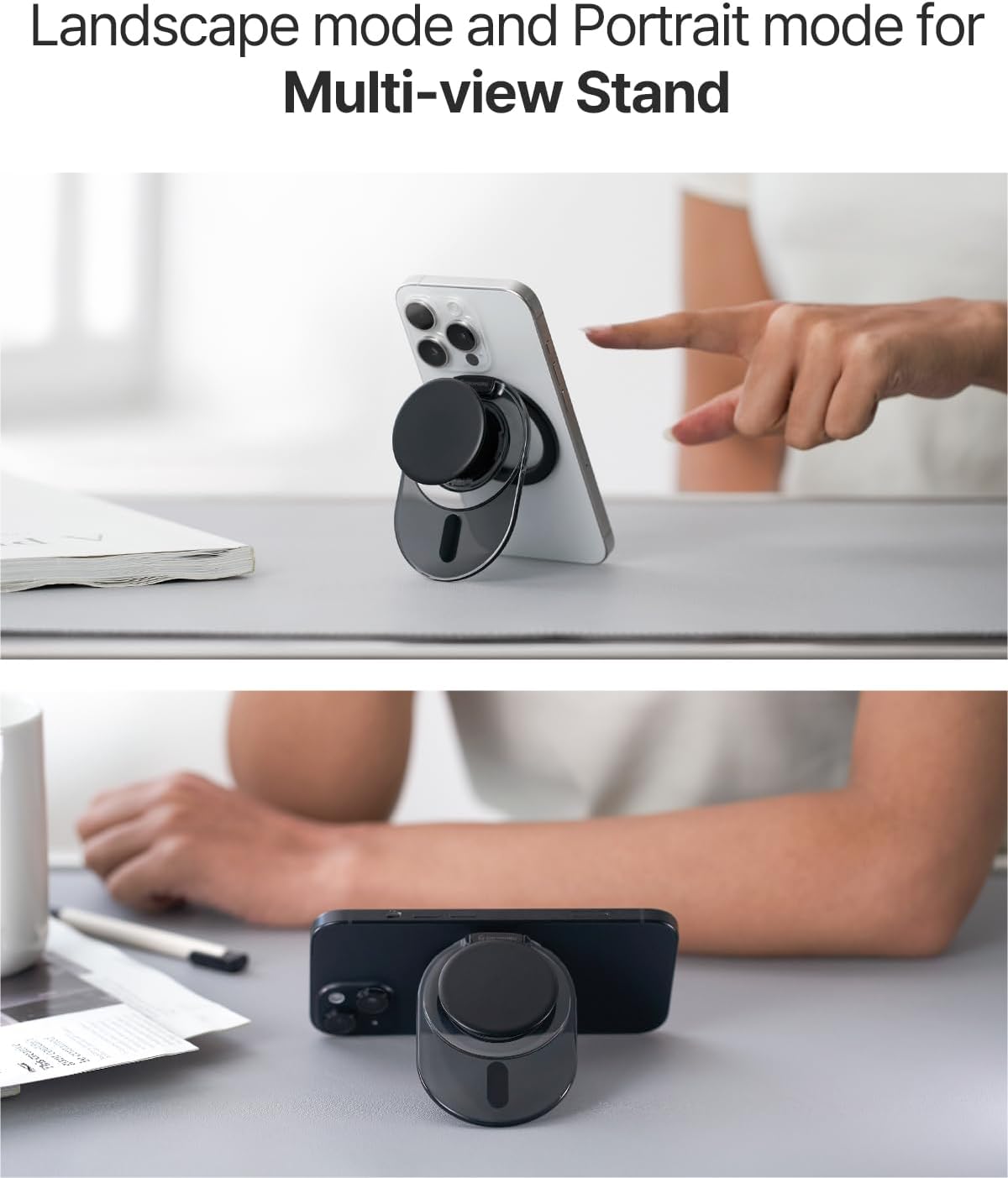 Sinjimoru Phone Grip Stand for MagSafe, Magnetic Kickstand, Clear Black | M-Tap Tok Stand, strong magnet, soft silicone grip, Adjustable Kickstand for Portrait or Landscape, metal plate included
