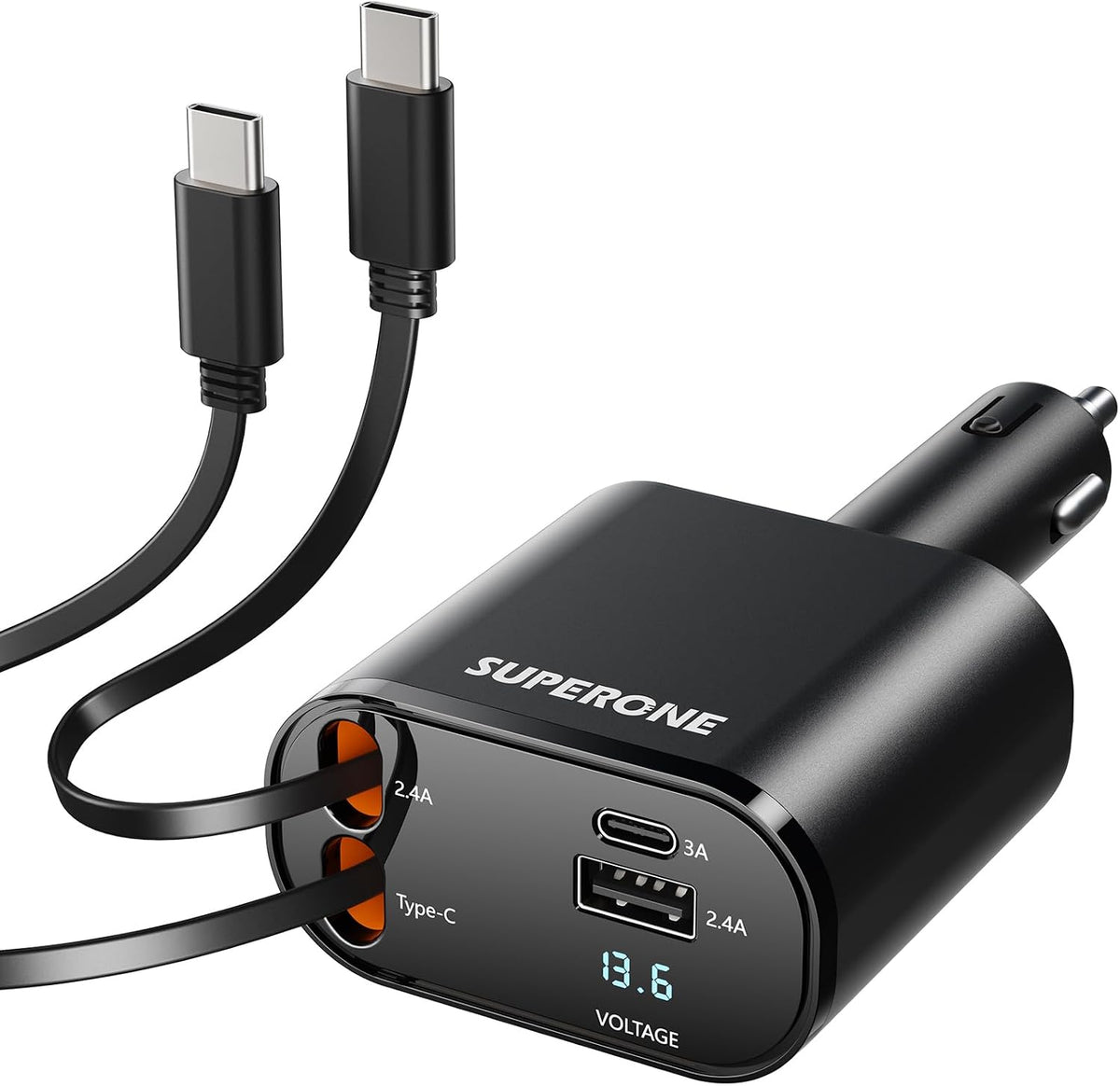 Retractable USB C Car Charger, 69W 4-in-1 Fast Charging Adapter | Dual retractable USB-C cables plus USB-C and USB-A ports deliver 69W fast charging for phones, tablets and more