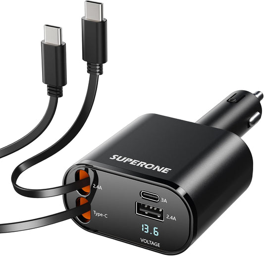 Retractable USB C Car Charger, 69W 4-in-1 Fast Charging Adapter | Dual retractable USB-C cables plus USB-C and USB-A ports deliver 69W fast charging for phones, tablets and more