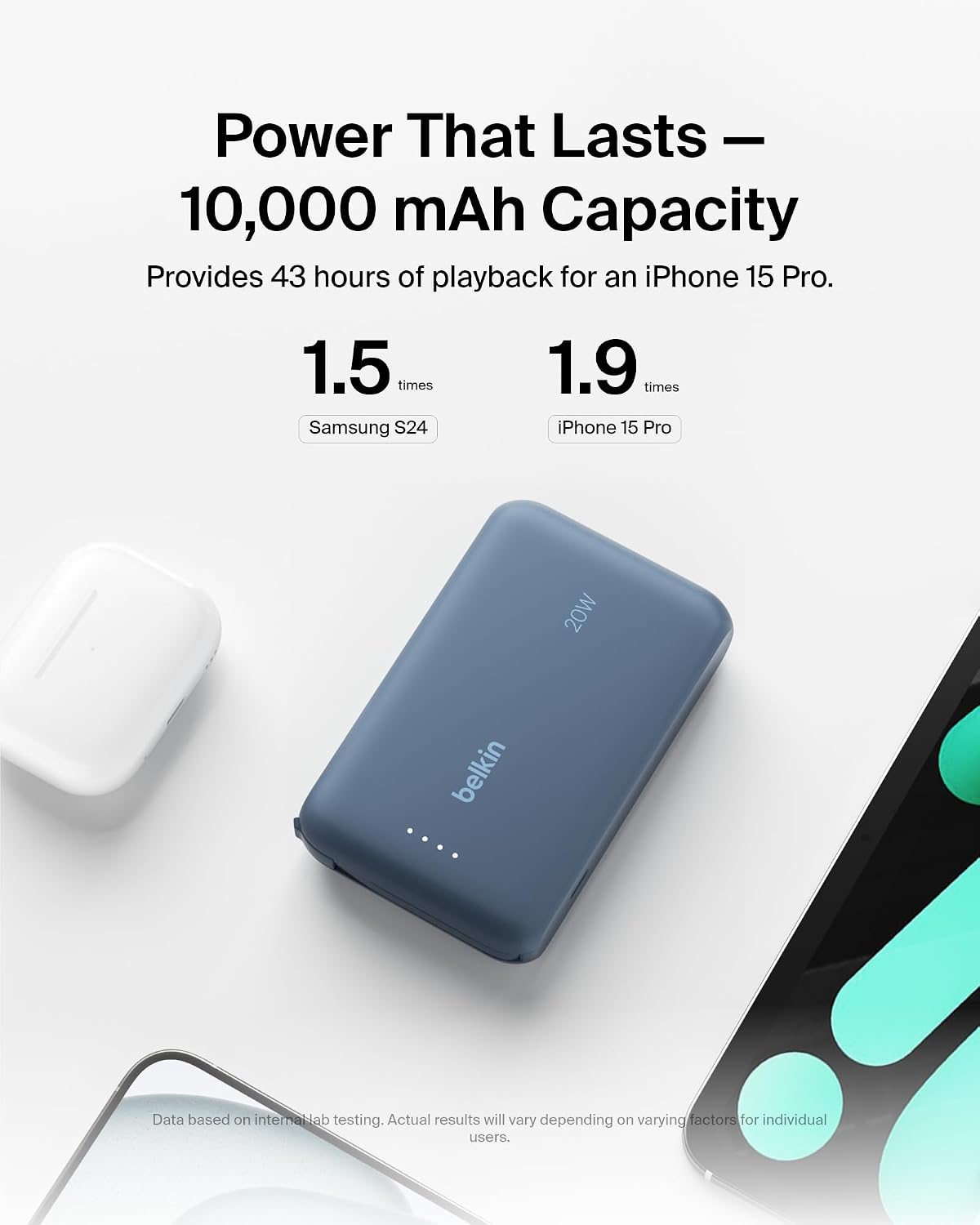 Belkin 10000mAh 20W USB C Power Bank, Portable Charger for iPhone &amp; iPad | Fast Charging, Integrated USB C Cable, Eatra USB C Port, iPhone 17, iPad, Samsung Galaxy S26, Charge 2 Devices