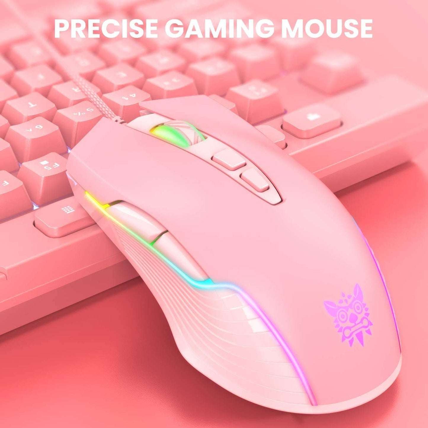 RGB Gaming Mouse Wired, 6400 DPI & 7 Buttons, Pink | USB optical mouse - 6 adjustable DPI levels & 7 programmable buttons, ergonomic design for laptop/Windows PC/Vista/Linux/Mac