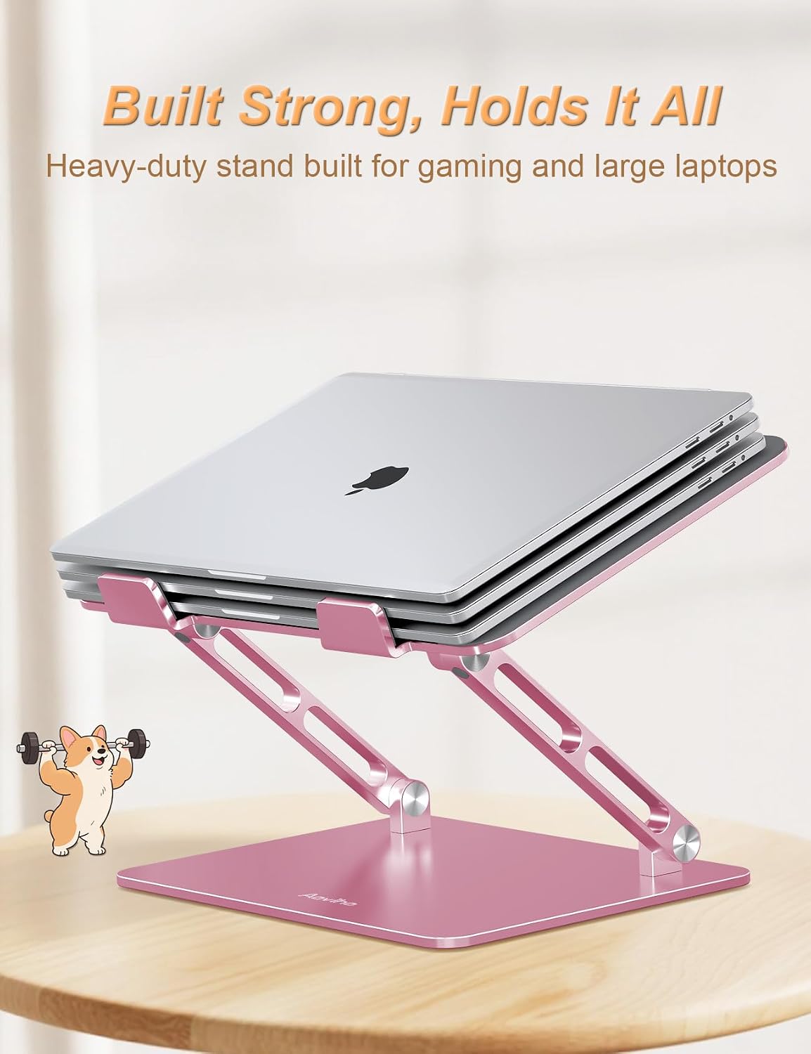 Aoviho Aluminum Laptop Stand for Desk Fit for All 10"-17.3" Laptops, Pink | Height-adjustable Notebook Holder, Ergonomic Computer Riser with Unique Puppy Cooling Vent, for Mac, Dell, Lenovo, HP