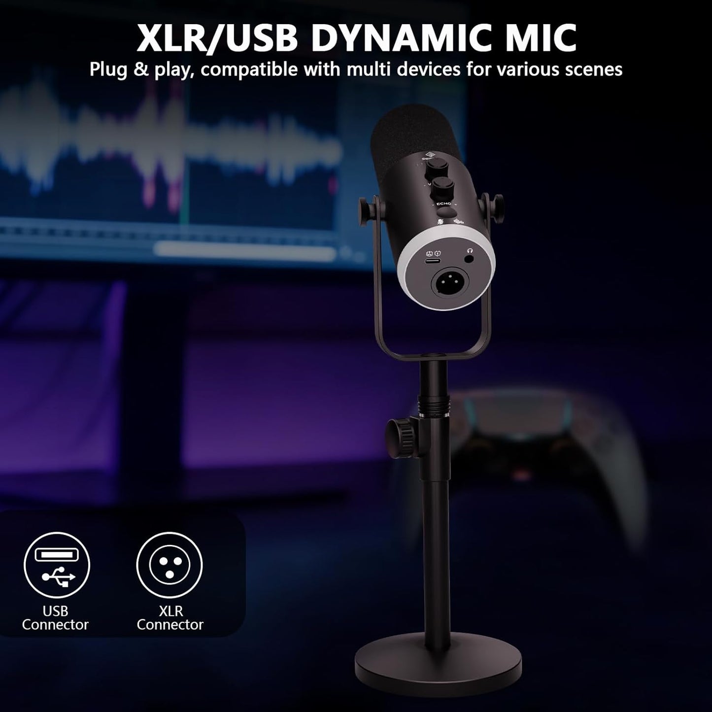 Podcast Equipment Bundle, RGB Audio Interface Mixer with Dynamic XLR/USB Microphone, Desktop Stand, Noise Reduction, Voice Changer, for Vocal Recording, Podcasting, Streaming, Gaming,TikTok