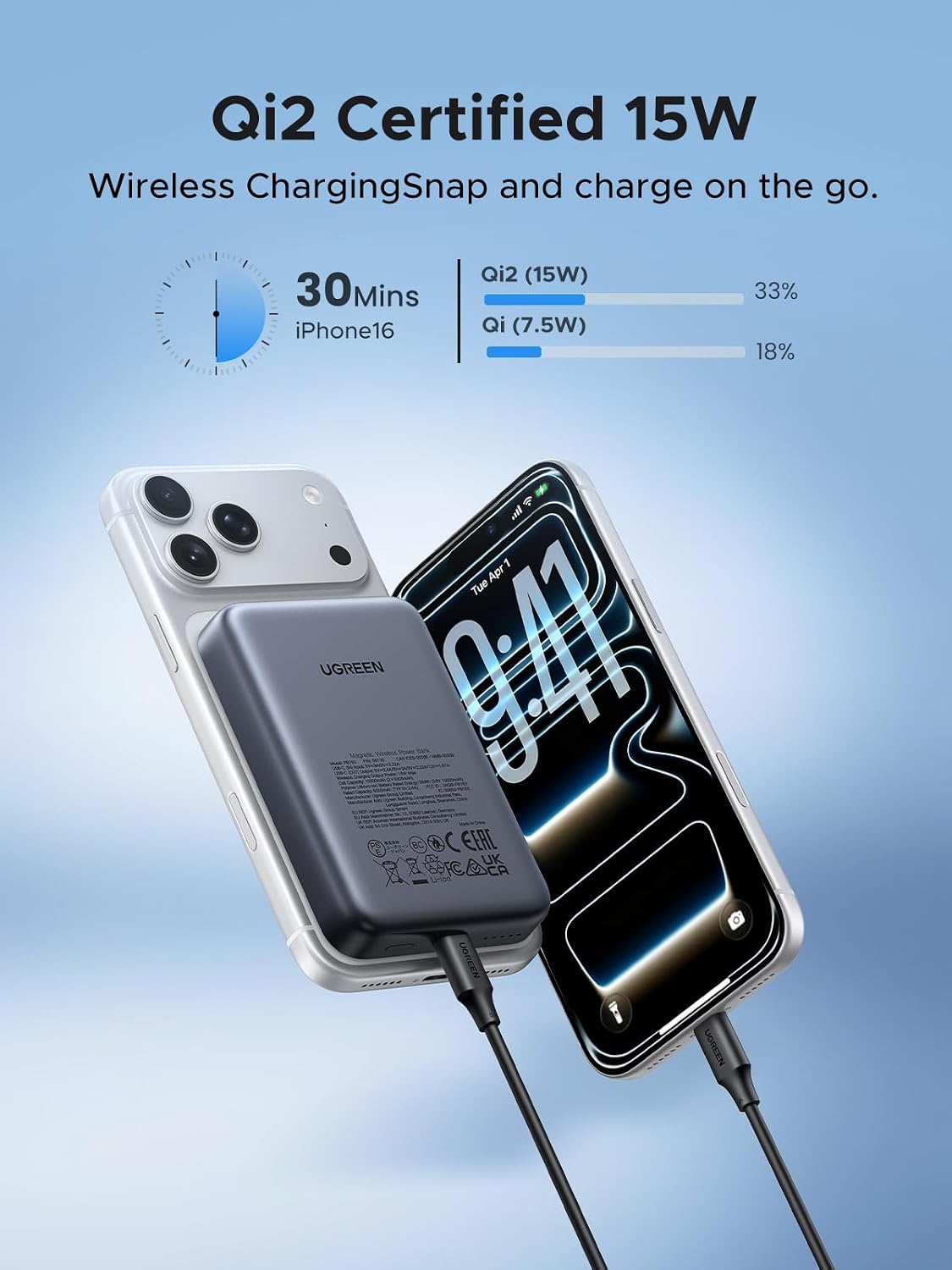 UGREEN 10000mAh Qi2 15W Slim Magnetic Power Bank PD 20W for iPhone 17 | Qi2 15W fast wireless, ultra-slim. USB-C 20W PD wired. MagSafe compatible. For iPhone 17/12