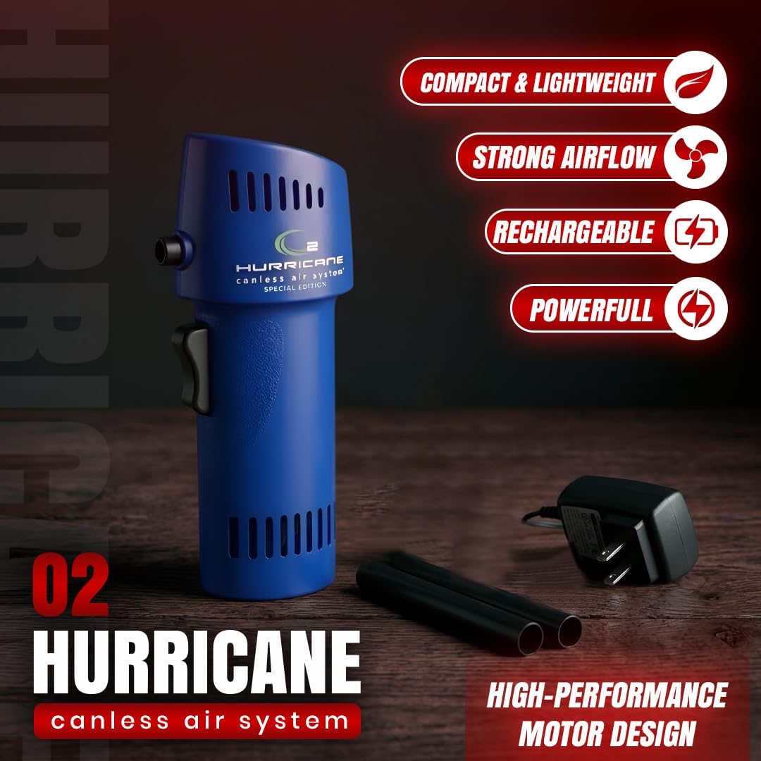 O2 Hurricane Air Duster - Rechargeable Air Blower with 200 MPH Airflow - 5 Attachments Dust Removal Tool - Compressed Air Alternative for Electronics, Computers & Car Detailing