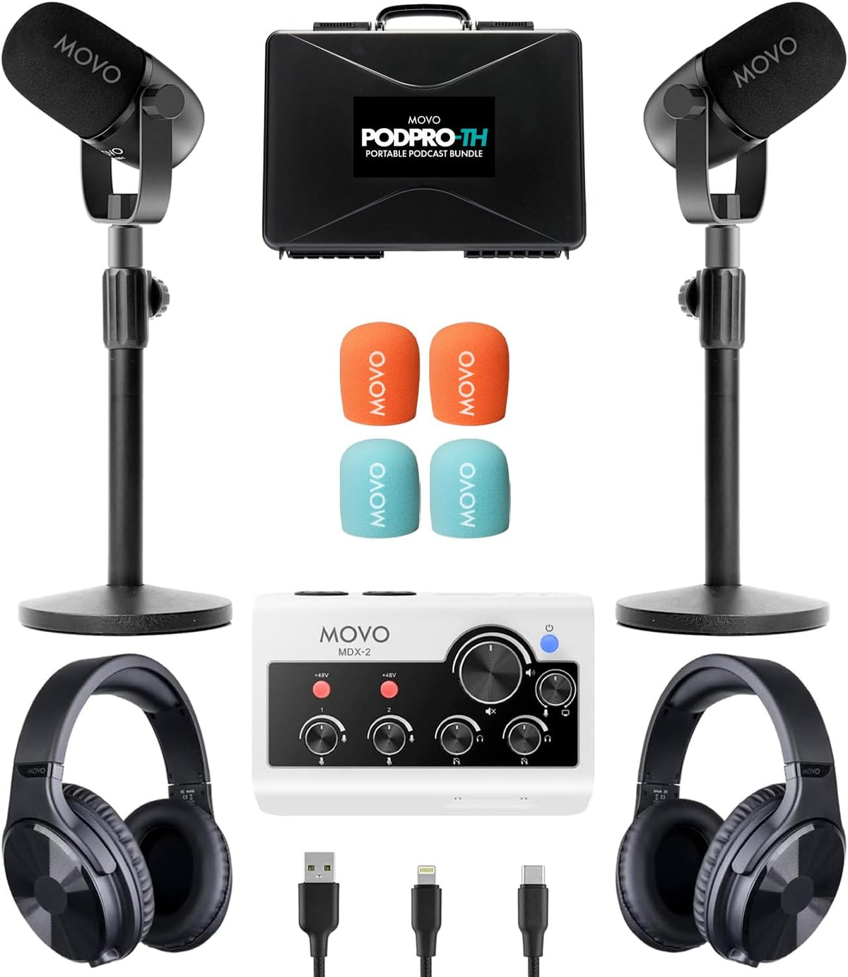 Movo Portable Podcast Equipment Bundle for iPhone/Android Phones- Podcast Kit with Audio Interface, 2 CastMic Dynamic Mics, 2 Stands - For Smartphones, Computers (with Desk Stands and Headphones)