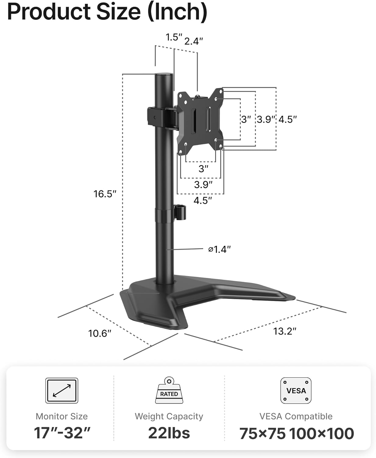 monTEK Freestanding Single Monitor Stand for 17-32" Screens, 22 lbs | Solid V-shaped base, single-screen full-motion arms, height adjustment, tilt, swivel, rotation and VESA 75/100