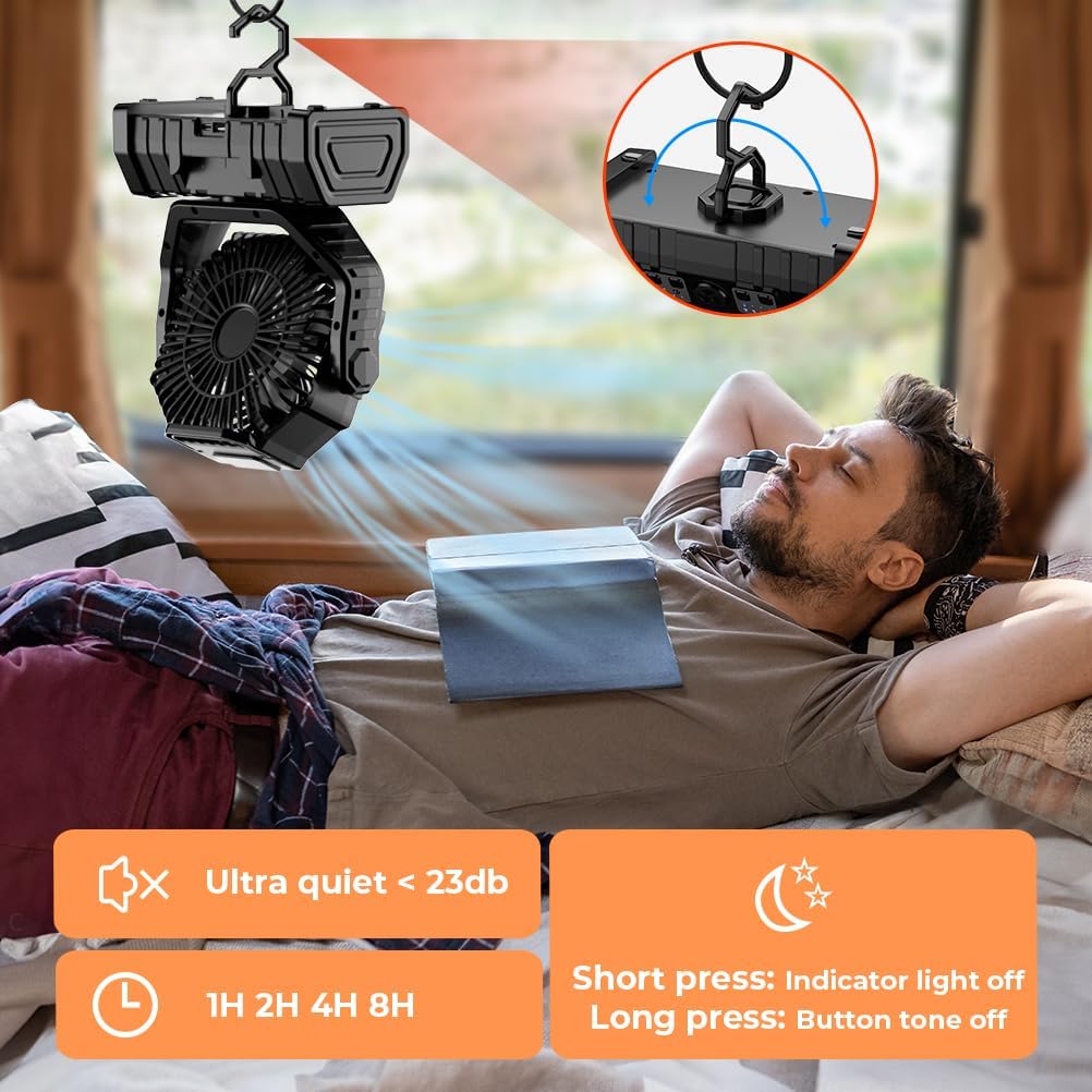 Camping Fan - 20000mAh Battery Powered Fan Rechargeable with LED Lantern - Portable Outdoor Tent Fans with Hanging Hook 4 Speeds Wind Remote Control, Black