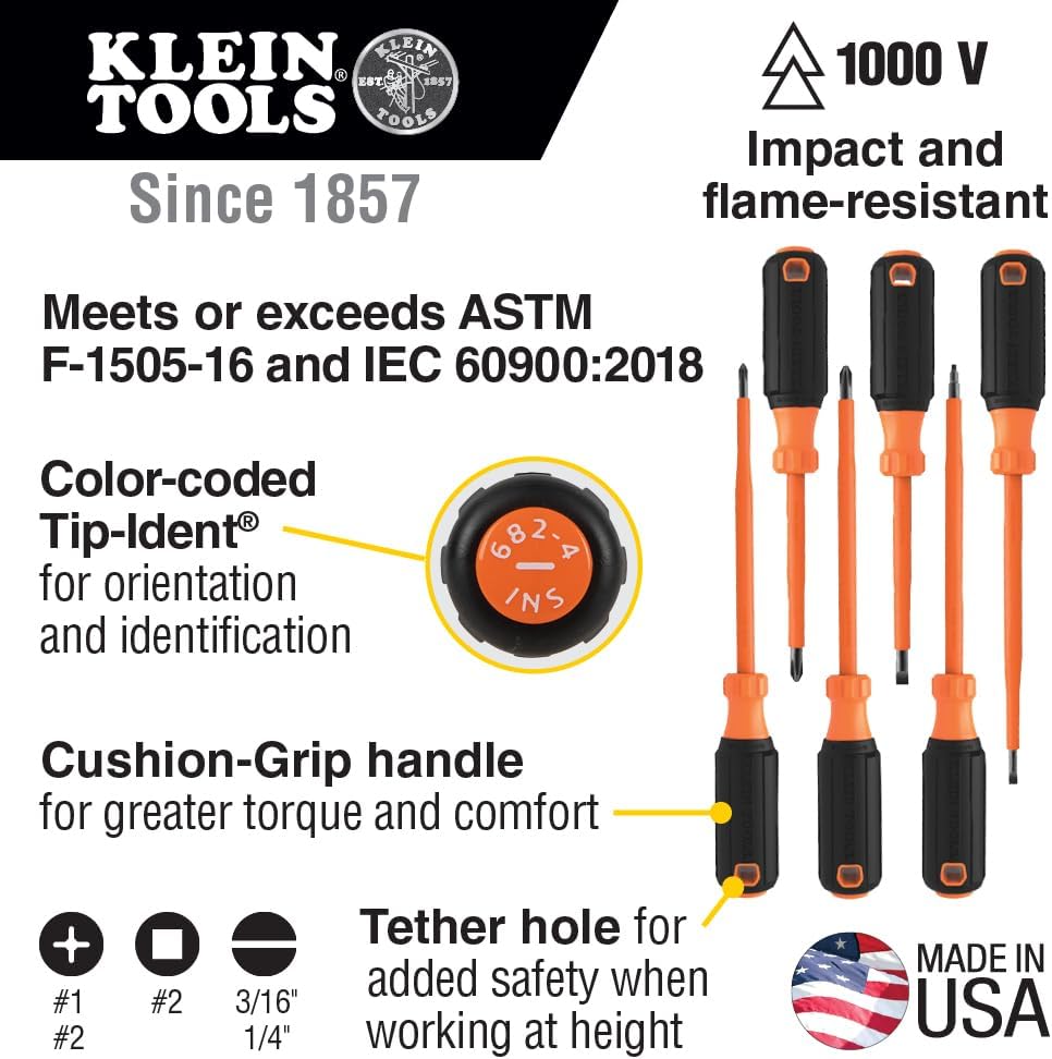 Klein Tools 85076INS Insulated Screwdriver Set, Made in USA, features 1000V Electricial Screwdrivers, (3) Phillips and (2) Slotted and Square Tips, 6-Piece