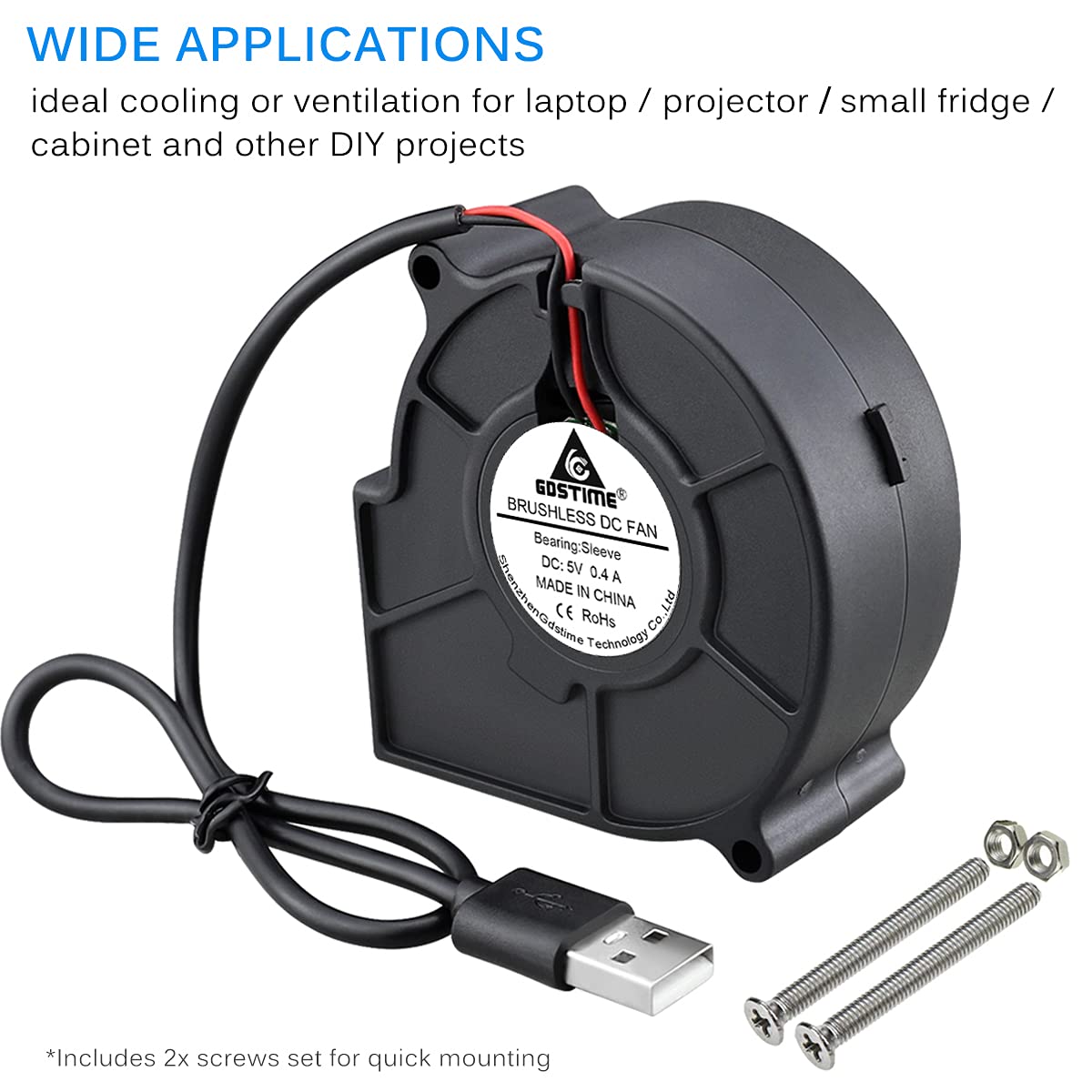 GDSTIME 75mm x 30mm 5V USB Blower Fan with 3 Speed Controller DC Brushless | 7530, Small Turbine Centrifugal Fans, for NAS, Helmet, Vivarium, Laptop, Amplifier, Raspberry Pi Cooling Ventilation