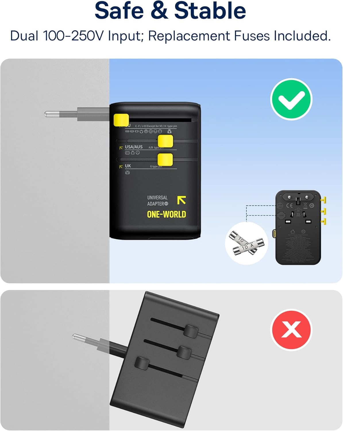Baseus 70W Universal Travel Adapter, 6-in-1 International Plug Adapter | Worldwide Wall Charger with Retractable Cable, USB-C Fast Charging for USA/EU/UK/AUS and Over 200 Countries - Enercore CG11