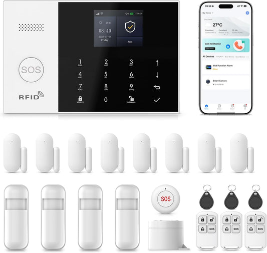 Home Security Systems,Door & Window Alarms for Home Kit,WiFi+GSM/4G Door/Window Alarm,Motion Sensors,SOS Button,Remote orSmart Life Tuya APP Control,for Apartment Kids Safety NO Monthly Fees,