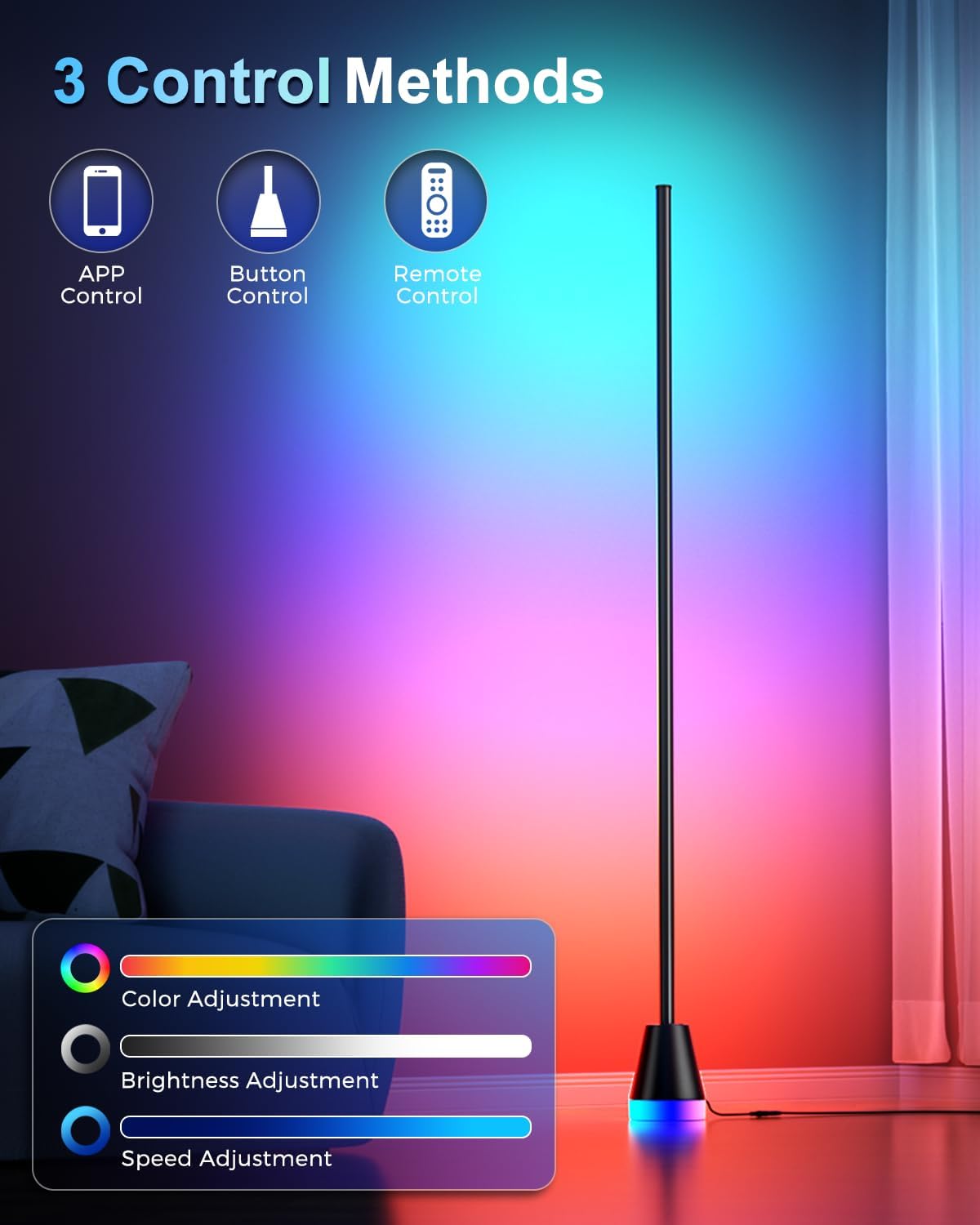 Corner Floor Lamp, Smart RGB Lamps for Living Room Bedroom, APP & Remote Control Tall Standing LED Lights, 16 Million DIY Colors Cool Modern Ambient Lighting with Music Sync & Timer, Black