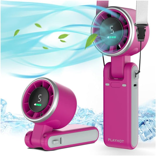 PlayHot Portable Handheld Turbo Fan, Travel Essentials, Gifts for Women/Men | 5-Speed, Up to 12H, 10m/s Airflow, USB-C Rechargeable, LED Display, 3-in-1 Foldable Personal Fan for Cruise, Beach, Vacation