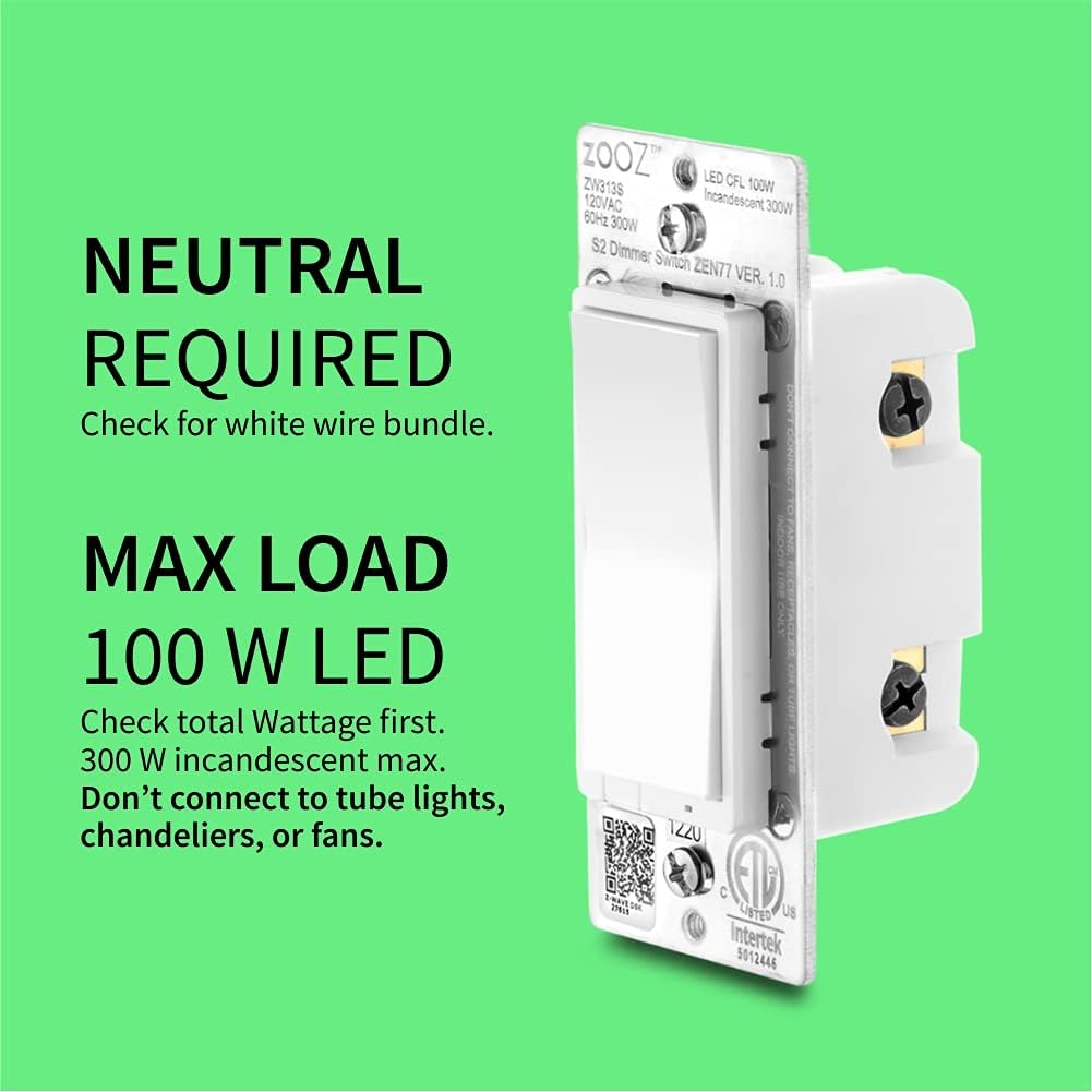 Zooz 800 Series Z-Wave Long Range S2 Dimmer Switch ZEN77 800LR, White | Simple Direct 3-Way and 4-Way Solution (Works with Regular Switches, No Aux Switch Needed) | Z-Wave Hub Required