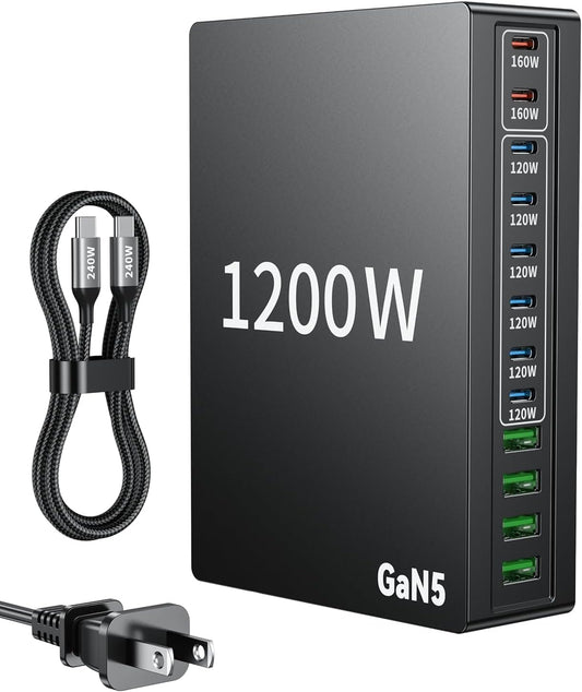 1200W USB C Charger Block Fast 12 Port MacBook Pro Charging Station | 140W PD PPS AVS HUB for All iPhone 17 Pro Max/17 Air/16 SE/Samsung Galaxy 26/ MacBook Pro/Air/iPad Pro/240W Cable