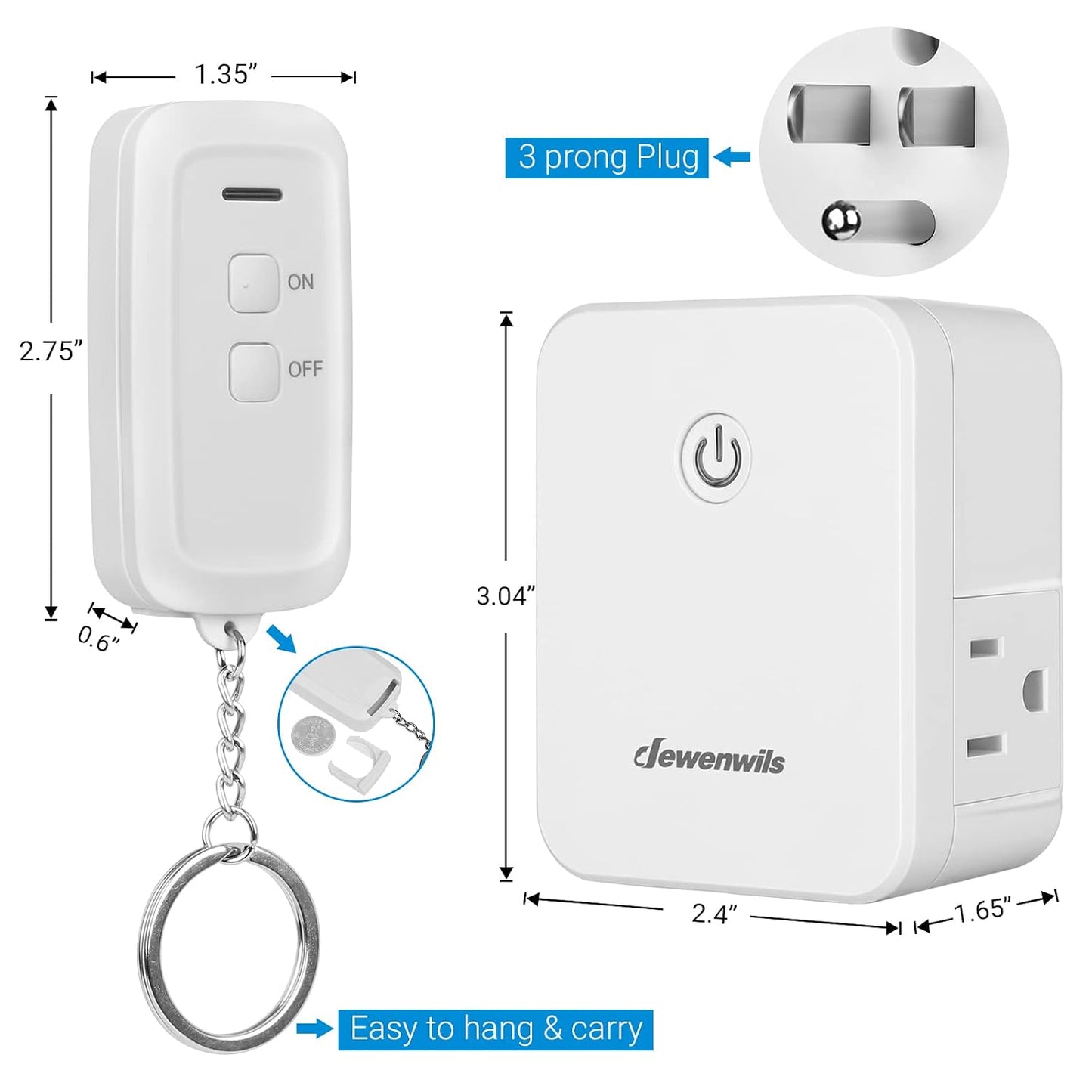 DEWENWILS 2 Side Outlets Remote Control Outlet with 2 Remotes, No Interference Wireless Remote Outlet Light Switch with 2 Outlets, 15A/1875W, 100ft RF Range, Programmable