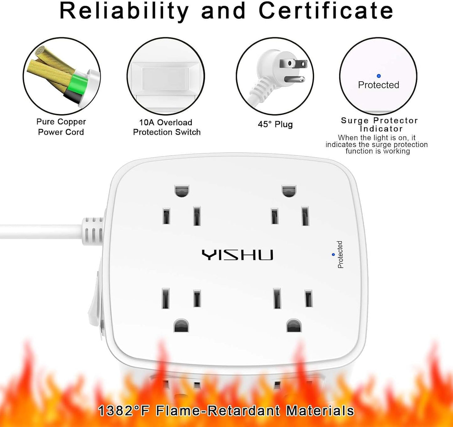 6 Ft Surge Protector Power Strip - 8 Widely Outlets with 4 USB Ports, 3 Side Outlet Extender with 6 Feet Extension Cord, Flat Plug, Wall Mount, Desk USB Charging Station, ETL,White
