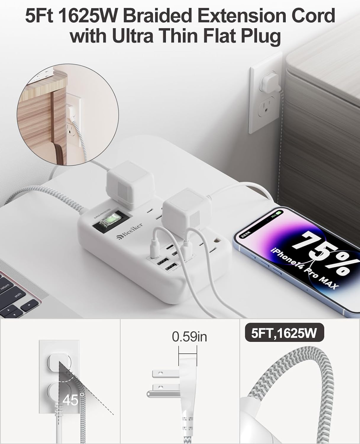 6 USB Travel Power Strip,4 Outlets,5Ft Extension Cord,Surge Protector,13A | 2 USB C,6 USB Charging Station,5Ft Braided Extension Cord,Surge Protector,Switch,Wall Mount,Flat Plug,For Travel Office Dorm