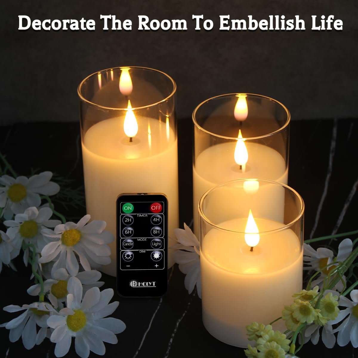 Glass Rechargeable LED Flickering Flameless Candles with Remote and Timer | Fake Candles Flickering Warm LED Flame for Centerpiece Table Decorations, Halloween, Christmas & Home Fall Decor (Pack of 3)