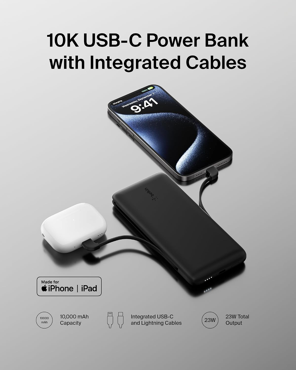 Belkin 10K 23W Portable Charger Power Bank, Integrated USB C and LTG Cables | Fast Charging, iPhone 17, Samsung Galaxy, Pixel, Airpods, iPad, Battery Pack, USB C Port, USB C Cable, Lightning Cable