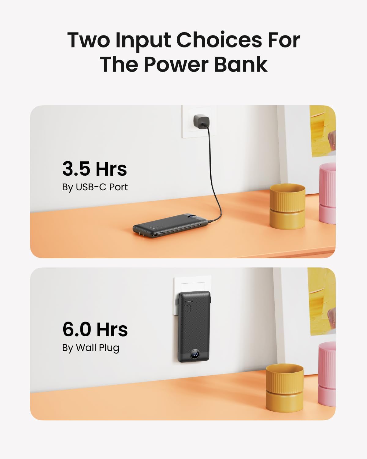Portable Charger with Wall Plug, Slim USB C Power Bank with Built-in Cables, 10000mah LED Display External Battery Pack Compatible with iPhone/Android & More (Black)
