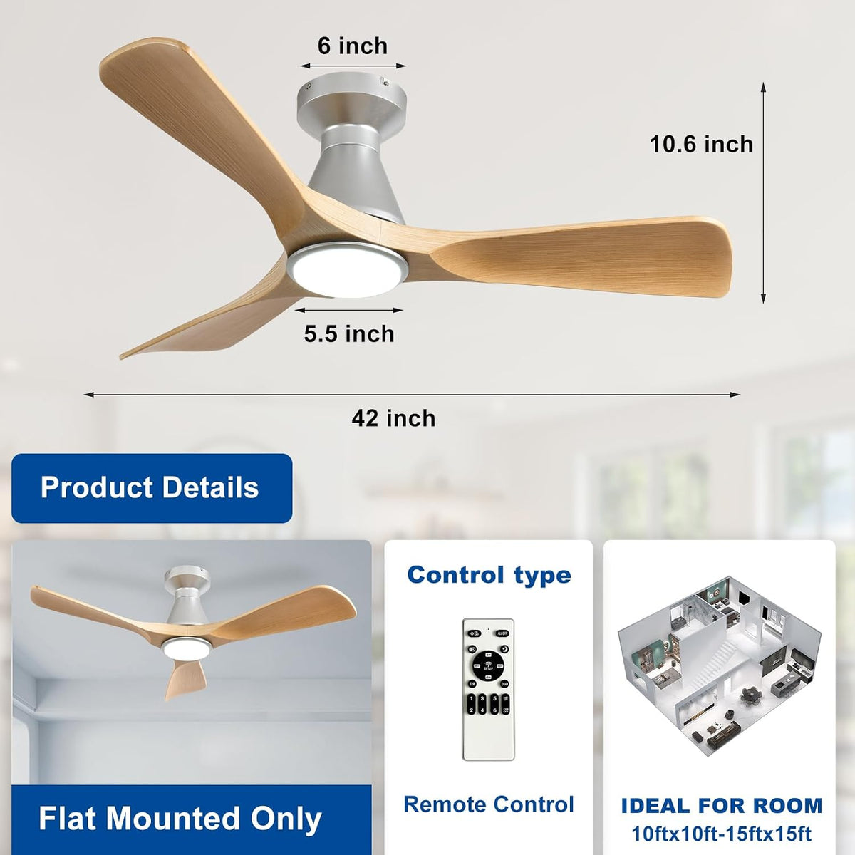 Depuley 42-Inch Ceiling Fans with Lights: Wood 3 Blade Flush Mount Low Profile Ceiling Fan for Bedroom - Dimmable Indoor Outdoor Fan with Remote Control Ultra Quiet DC Motor Timer